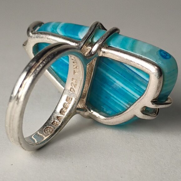Share 925 Sterling Silver Vintage Blue Agate Shiny Ring Size 6 - Picture 6 of 7